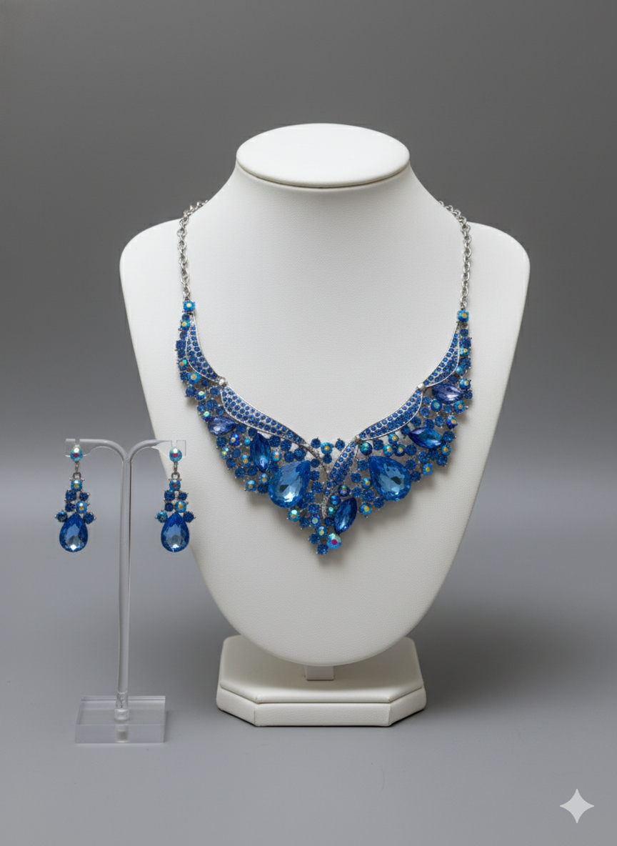 Royal Blue Crystal V-Shape Necklace & Earring Set | Formal Evening Jewelry | Elegance Outlet