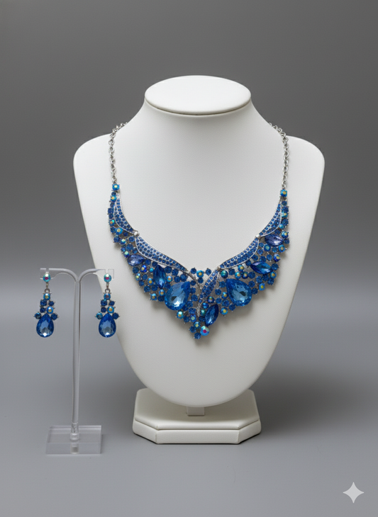 Royal Blue Crystal V-Shape Necklace & Earring Set | Formal Evening Jewelry | Elegance Outlet