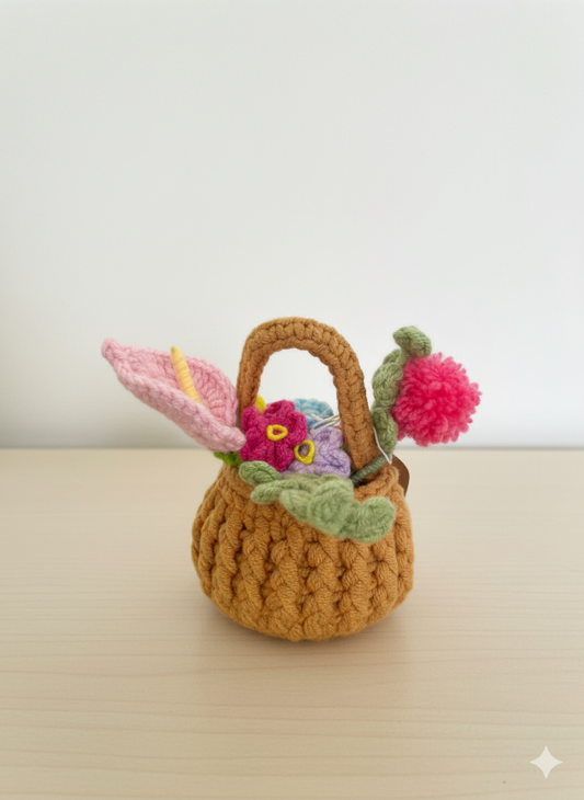 Mini Handmade Crochet Flower Basket | Tiny Everlasting Floral Arrangement | Unique Desk & Shelf Decor