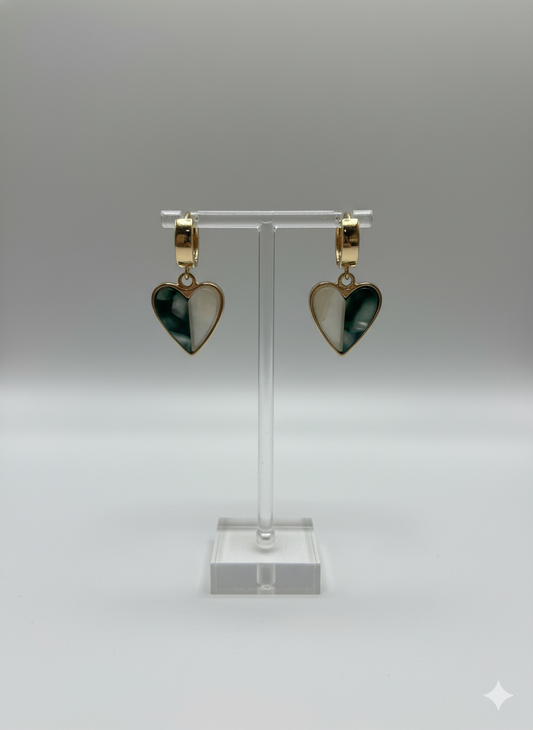 Two-Tone Heart Dangle Earrings - Marbled Green & White Gold Hoops | Chic Modern Jewelry | Elegance Outlet