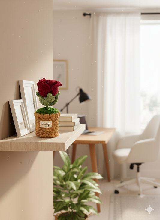 Handmade Crochet Red Rose Desk Plant Decor | Everlasting Romantic Gift for Valentine's & Anniversary