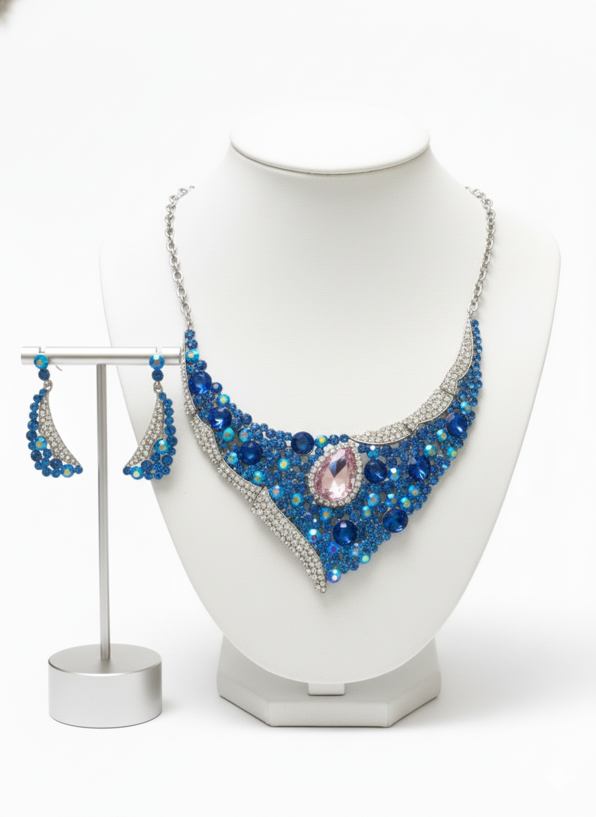 Royal Blue Crystal Statement Necklace Set with Pink Teardrop | Formal Evening Jewelry | Elegance Outlet
