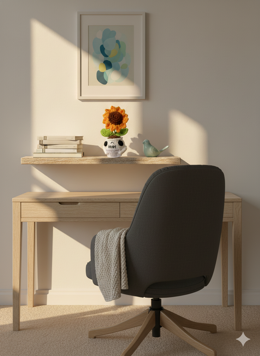 Handmade Amigurumi Sunflower in White Skull Planter | Crochet Potted Sunflower & Desk Decor