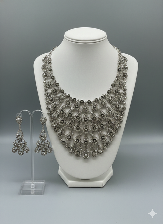 Smoky Crystal Bib Necklace & Chandelier Earring Set | Formal Evening Jewelry | Elegance Outlet