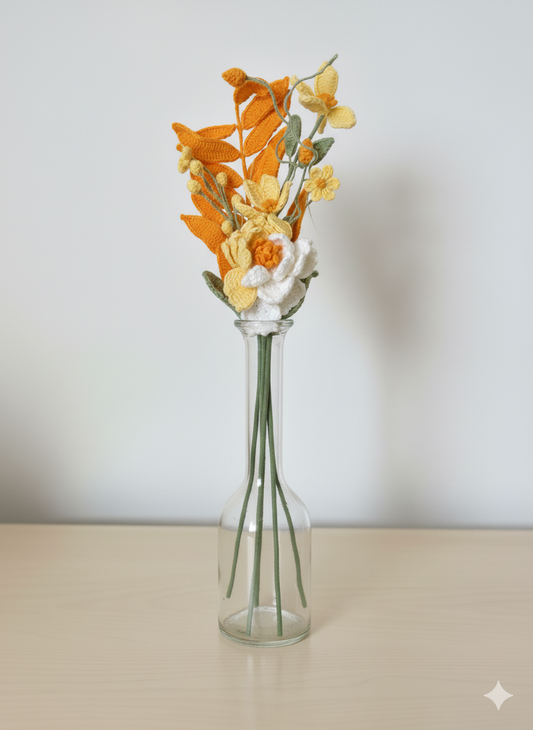 Handmade Crochet Flower Bouquet Desk Decor | Yellow & White Everlasting Floral Home Decor