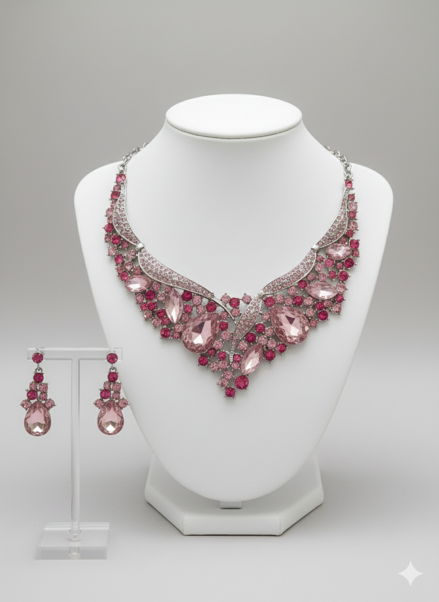 Pink Crystal Statement Jewelry Set - V-Necklace & Teardrop Earrings | Formal Prom Jewelry | Elegance Outlet