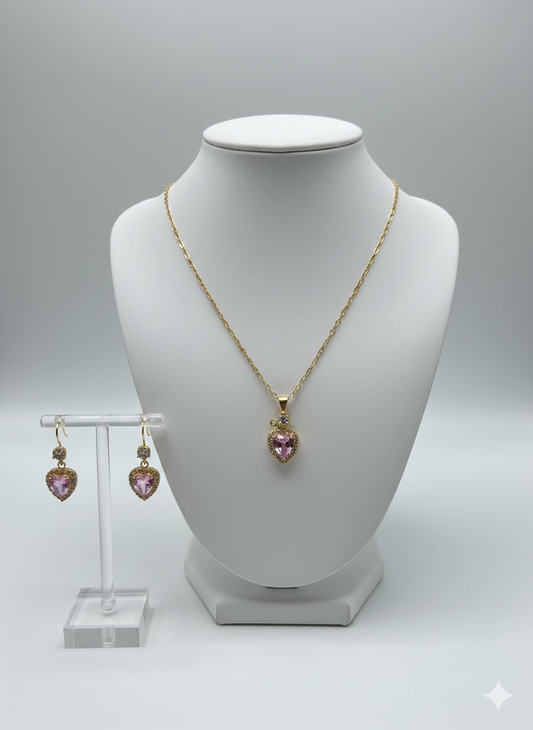Pink Crystal Heart Jewelry Set - Gold-Tone Halo Necklace & Earrings | Dainty Romantic Jewelry | Elegance Outlet