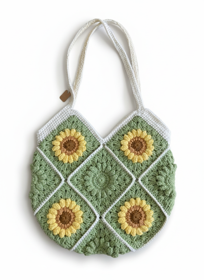 Handmade Boho Crochet Sunflower Tote Bag | Sage Green Crochet Bag with Sunflowers
