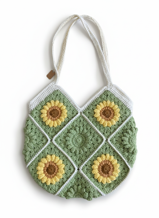 Handmade Boho Crochet Sunflower Tote Bag | Sage Green Crochet Bag with Sunflowers