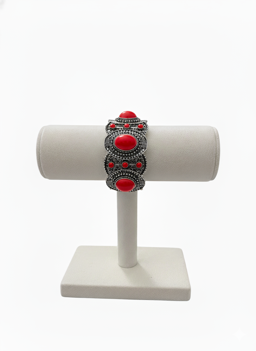 Southwestern Boho Statement Bracelet | Vintage Silver-Tone Stretch Bracelet in Turquoise, Red, White, or Black | Elegance Outlet