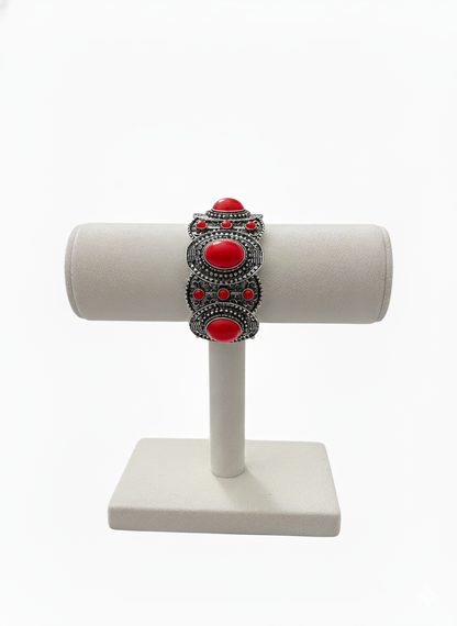 Southwestern Boho Statement Bracelet | Vintage Silver-Tone Stretch Bracelet in Turquoise, Red, White, or Black | Elegance Outlet