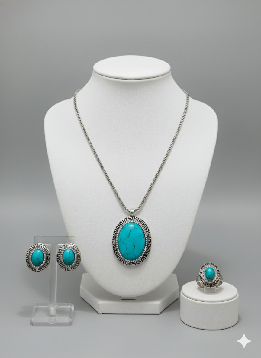 Turquoise Statement Jewelry Set - Necklace, Earrings & Ring | Southwestern Bohemian Style | Elegance Outlet