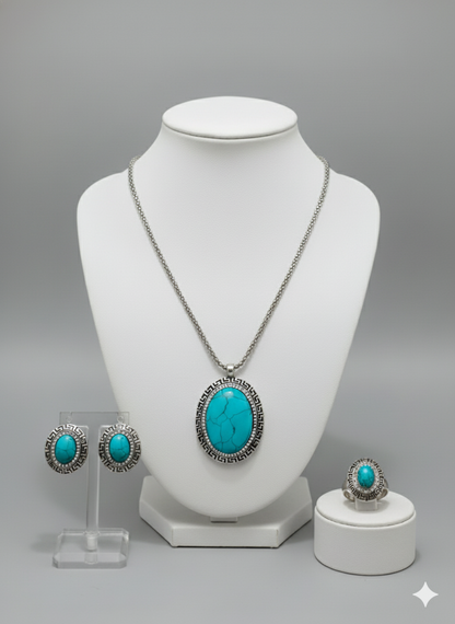 Turquoise Statement Jewelry Set - Necklace, Earrings & Ring | Southwestern Bohemian Style | Elegance Outlet