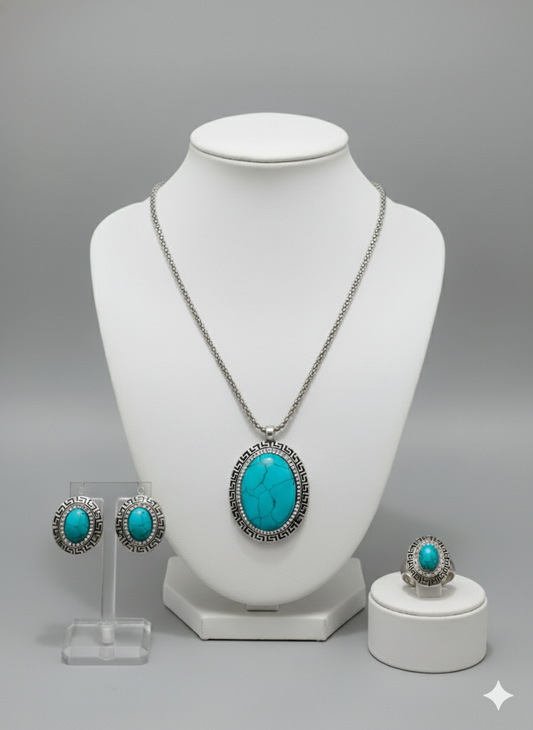 Turquoise Statement Jewelry Set - Necklace, Earrings & Ring | Southwestern Bohemian Style | Elegance Outlet