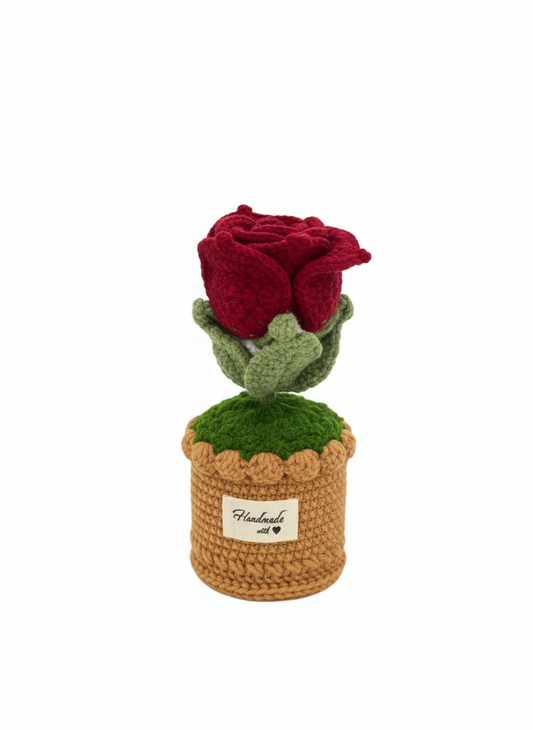 Handmade Crochet Red Rose Desk Plant Decor | Everlasting Romantic Gift for Valentine's & Anniversary