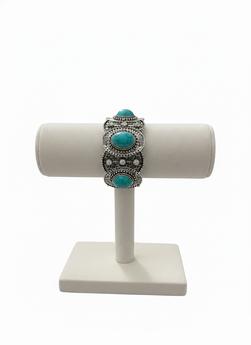Southwestern Boho Statement Bracelet | Vintage Silver-Tone Stretch Bracelet in Turquoise, Red, White, or Black | Elegance Outlet