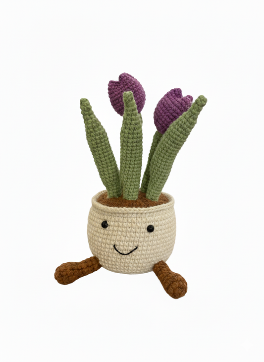 Cute Crochet Tulip in Smiling Pot | Artificial Flowering Plants Desk Decor | Amigurumi Plant Home Decor