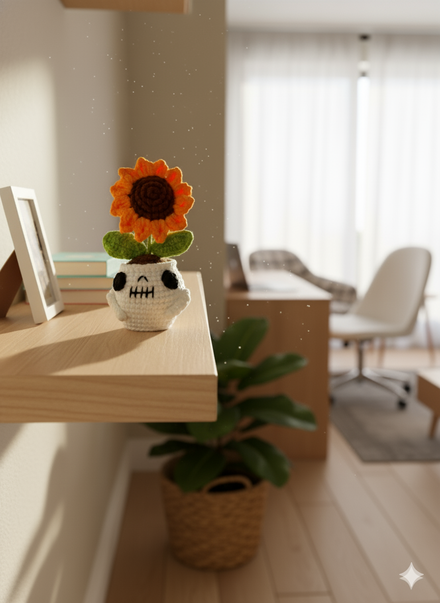 Handmade Amigurumi Sunflower in White Skull Planter | Crochet Potted Sunflower & Desk Decor