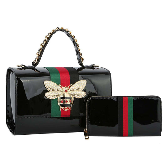 Queen Bee Stripe Patent Glossy Boxy Satchel + Wallet Set