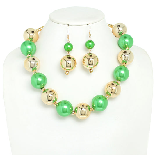 LARGE METALLIC AND SIMULATED PEARLS ADJUSTABLE NECKLACE EARRING SET