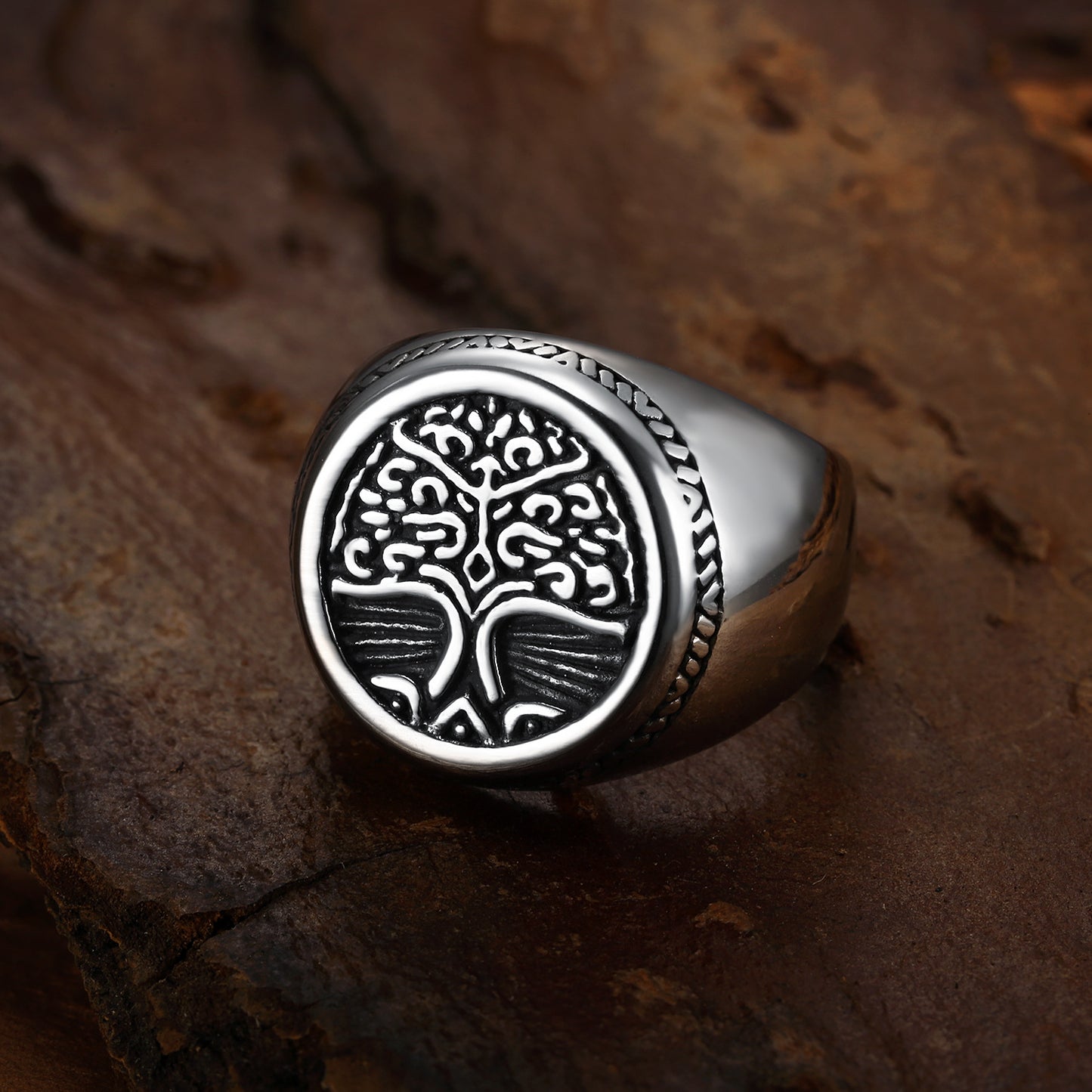 Personalized Thai Silver Men's Retro Fashion Ring Hip Hop Plant Mongolian Element Tree Of Life Stainless Steel Ring