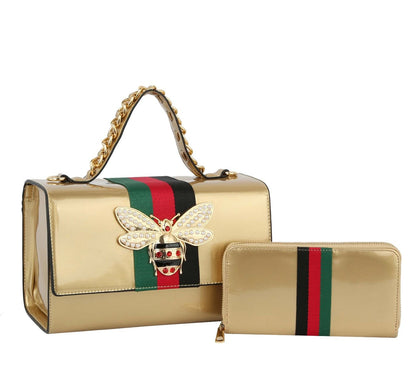Queen Bee Stripe Patent Glossy Boxy Satchel + Wallet Set
