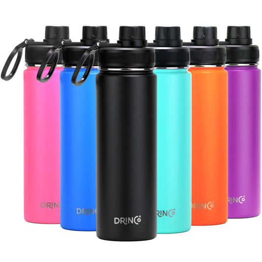 Drinco Stainless Steel Water Bottle – Vacuum Insulated Double Wall, Wide Mouth, Leak Proof, Keeps Drinks Cold & Hot – Reusable Sport Water Bottle for Camping, Hiking, Gym (22oz Black)