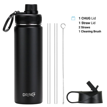 Drinco Stainless Steel Water Bottle – Vacuum Insulated Double Wall, Wide Mouth, Leak Proof, Keeps Drinks Cold & Hot – Reusable Sport Water Bottle for Camping, Hiking, Gym (22oz Black)