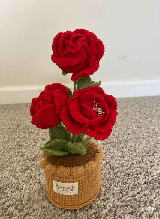Handmade Crochet Red Rose Potted Plant | Everlasting Flower Bouquet | Unique Home & Desk Decor Gift