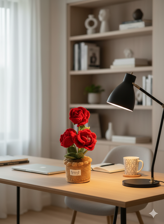 Handmade Crochet Red Rose Potted Plant | Everlasting Flower Bouquet | Unique Home & Desk Decor Gift